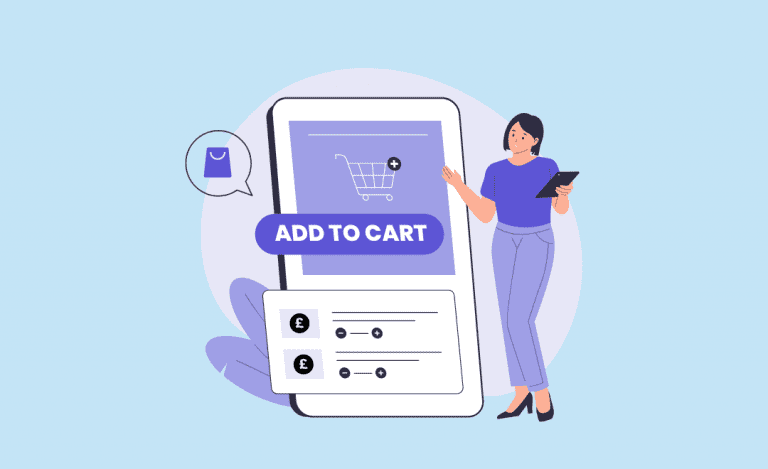 Graphic with a person and phone showing ecommerce