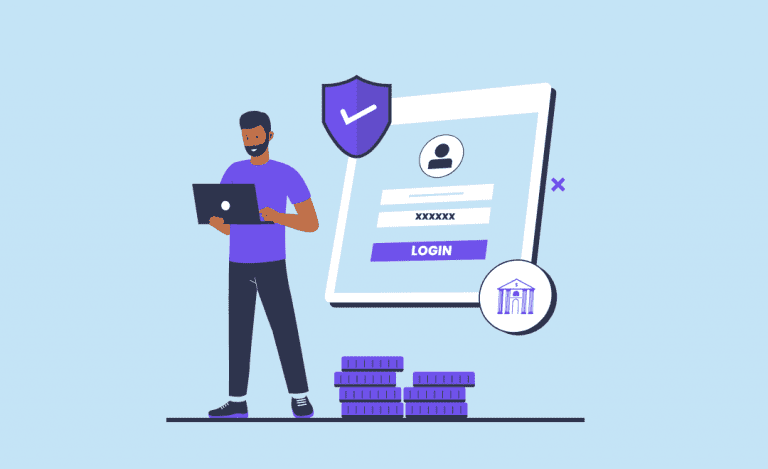 Graphic with a person holding a laptop and image of login screen