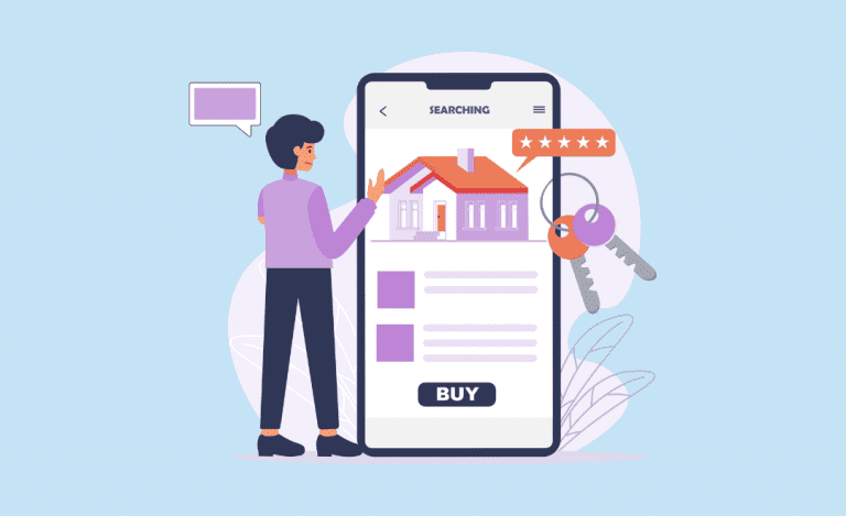 Graphic with person and phone showing property listing