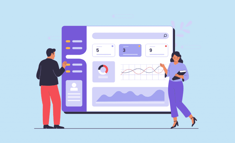 Graphic with two people and portal with graphs